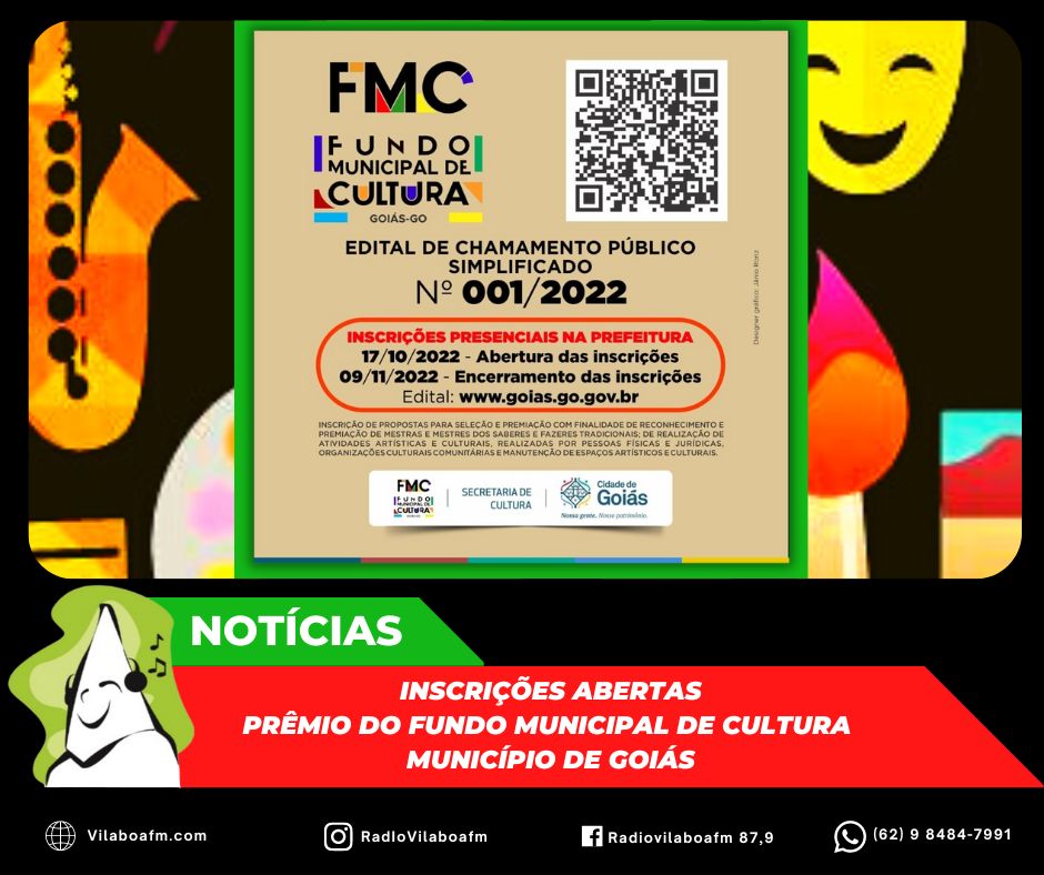 Inscrições estão abertas para o Prêmio do Fundo Municipal de Cultura da Cidade de Goiás.
