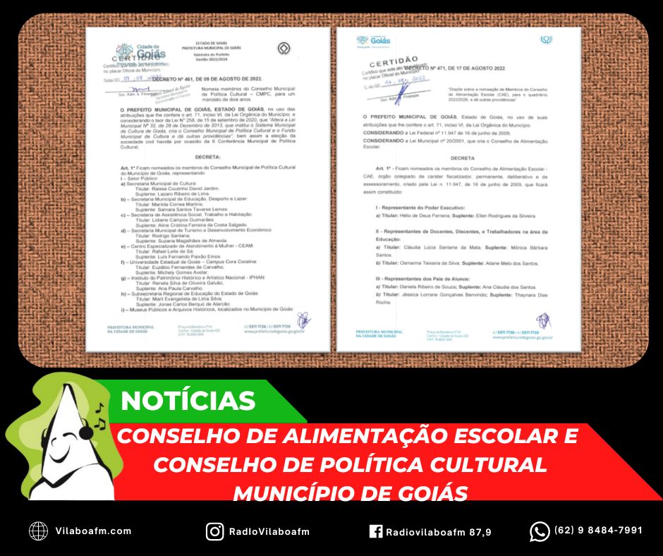 Nomeação de Conselheiras (os) Municipais em agosto: Conselho de Alimentação Escolar e Conselho de Política Cultural.