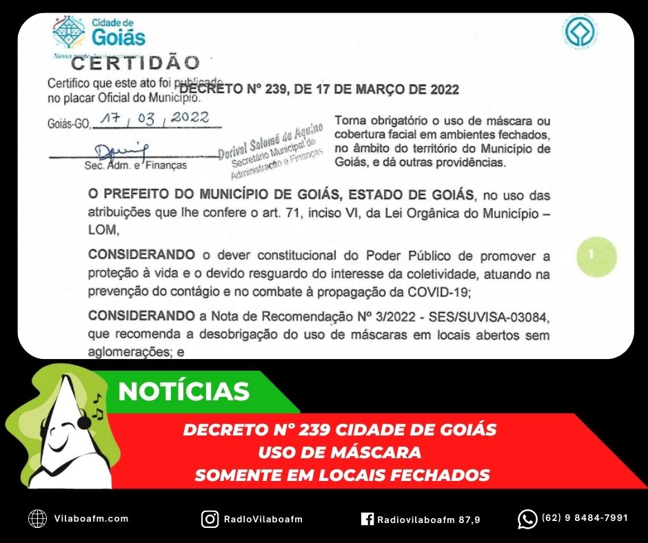 Decreto nº 239 torna obrigatório o uso de máscara somente em locais fechados