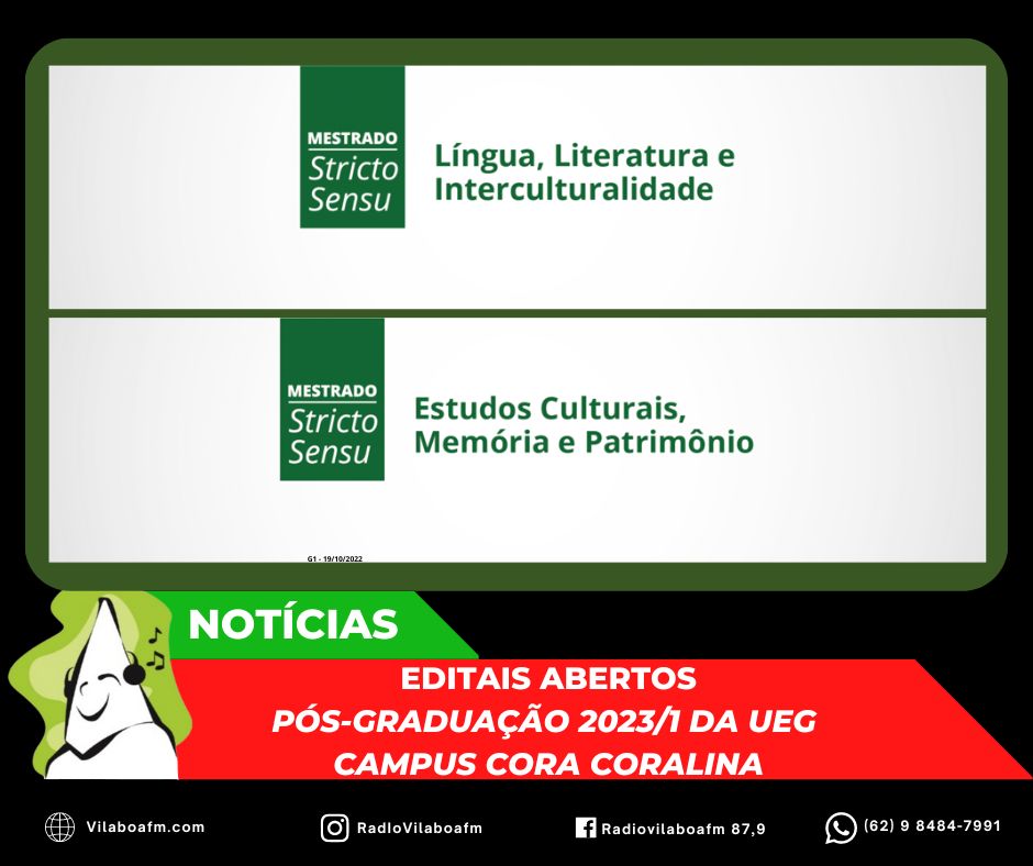 Inscrições abertas para Processo Seletivo dos Programas de Pós-graduação 2023/1 da UEG Campus Cora Coralina