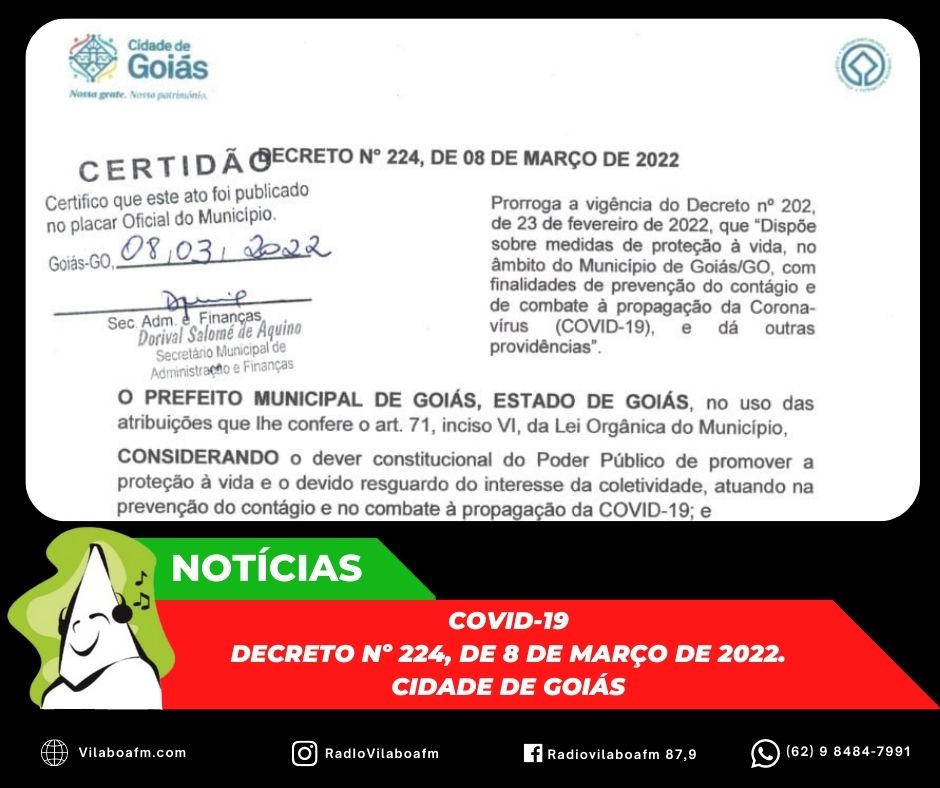 Covid-19: Decreto nº 224, de 8 de março de 2022.