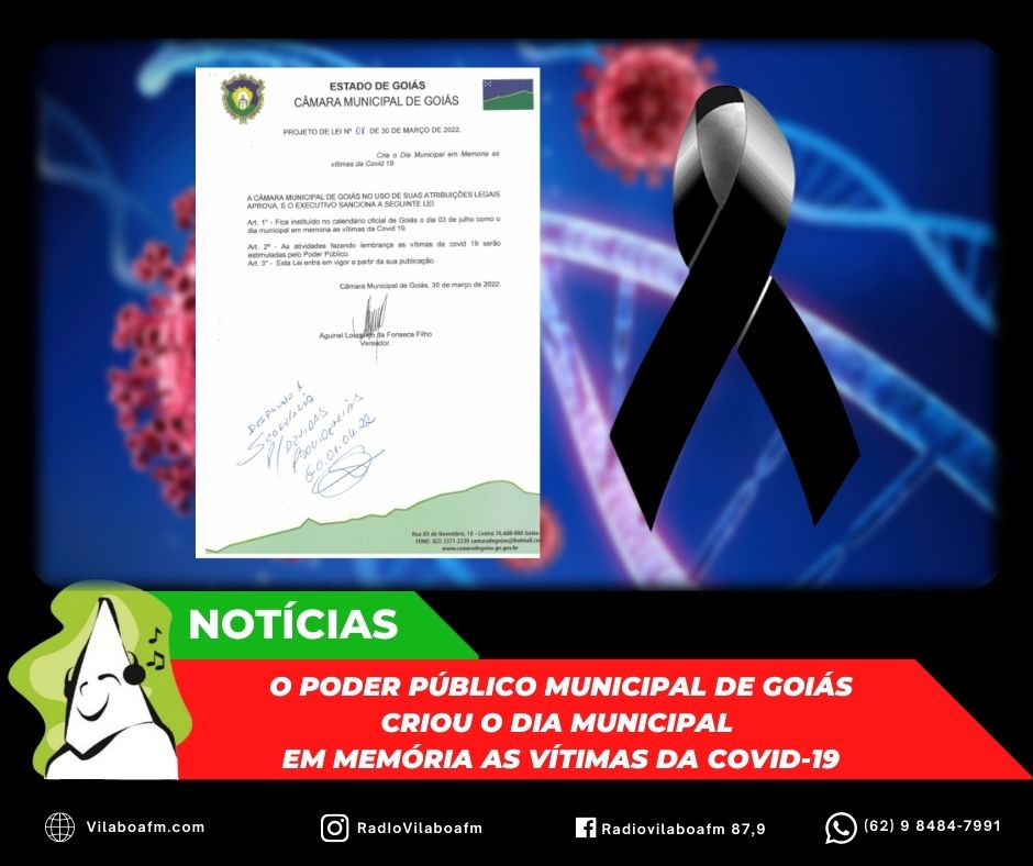 Projeto de Lei Municipal cria um dia especial em memória as vítimas da Covid-19.
