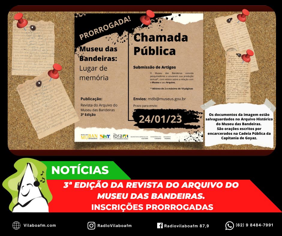 Prorrogada inscrição de Artigos para a Revista do Arquivo do Museu das Bandeiras.