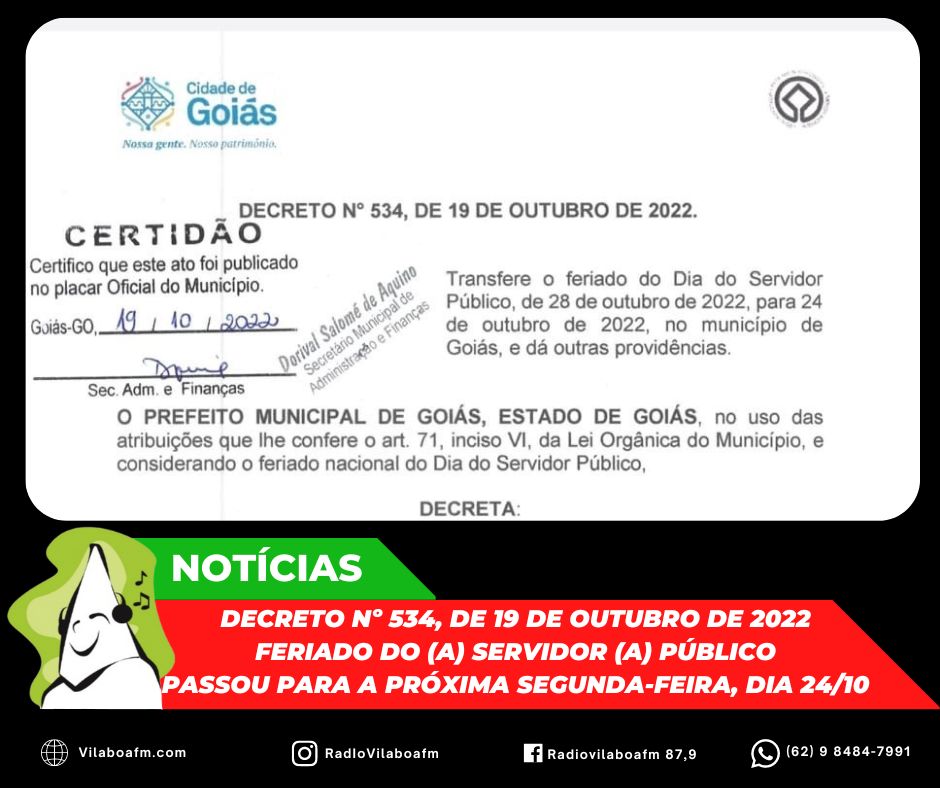 Feriado do Dia do (a) Servidor (a) Público foi transferido para a próxima segunda-feira, dia 24/10.