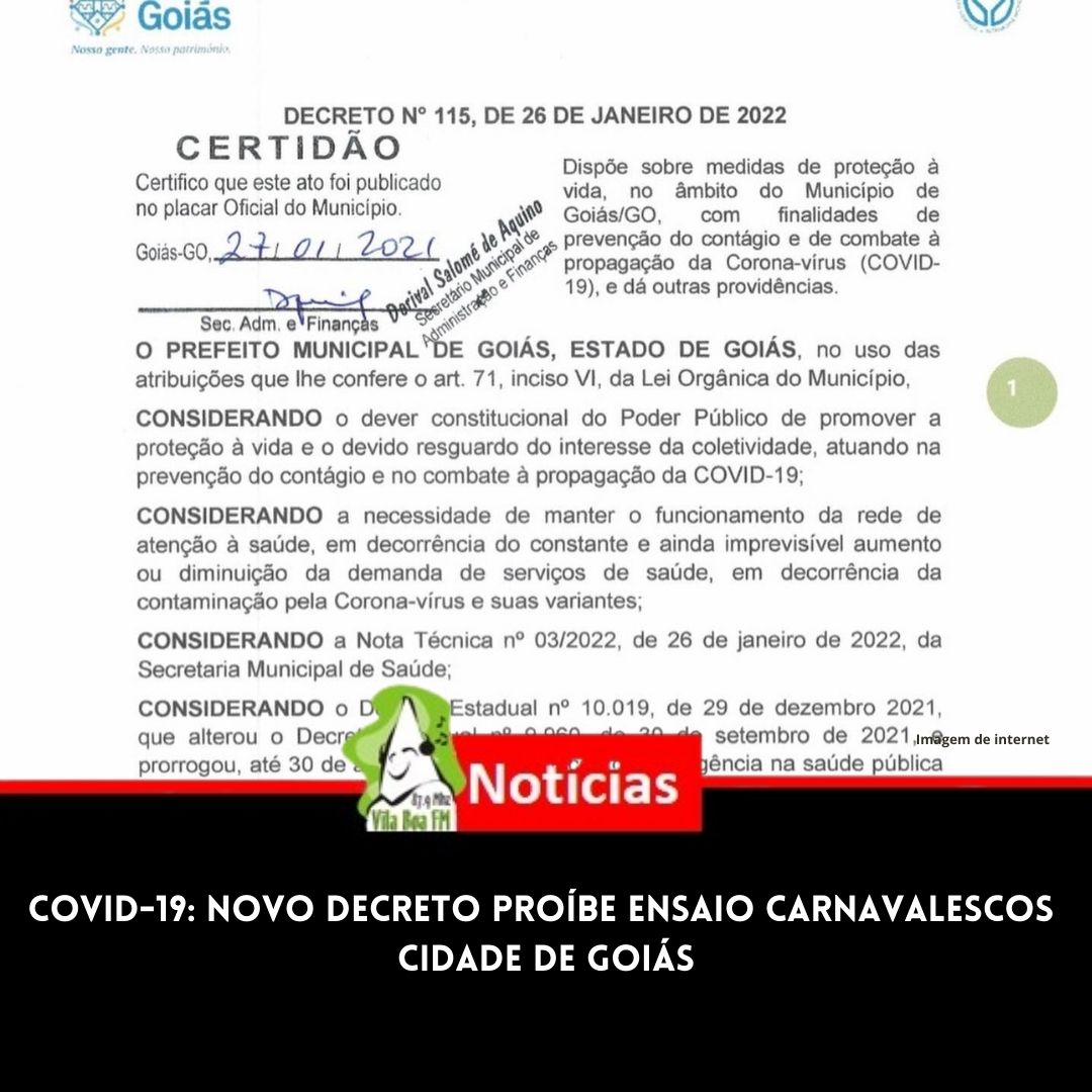 Covid-19: Novo decreto proíbe ensaio carnavalescos na Cidade de Goiás