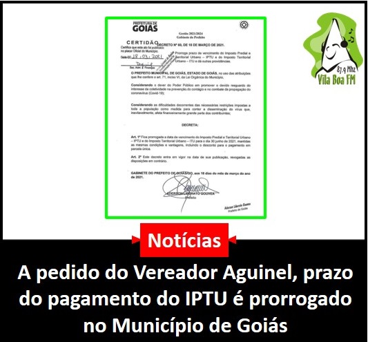 ​A pedido do Vereador Aguinel, prazo do pagamento do IPTU é prorrogado no Município de Goiás