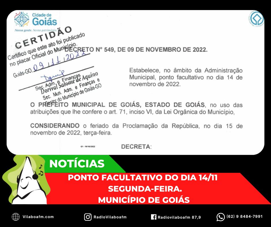 Ponto Facultativo na próxima segunda-feira na administração pública do município de Goiás